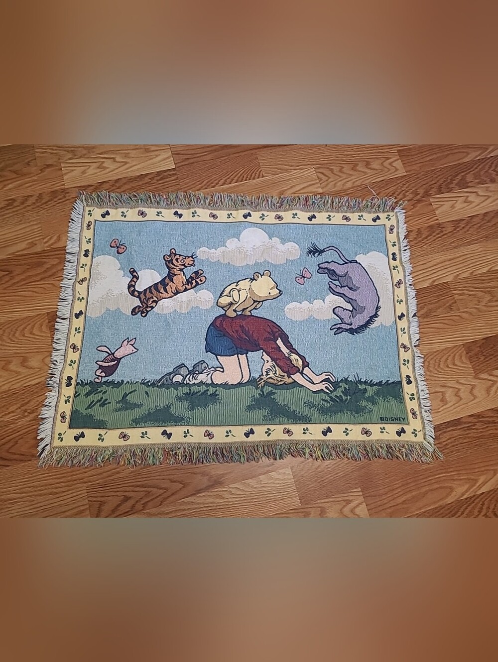 Vintage Disney Classic Pooh Woven Tapestry Throw Blanket Christopher Robin USA